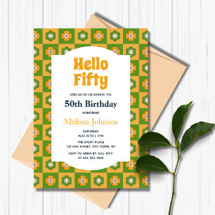 Invitation Retro Daisy Floral À damiers Bonjour Cinquante Ann