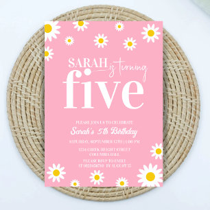 Invitation Retro Daisy rose et blanc Minimal 5e anniversaire