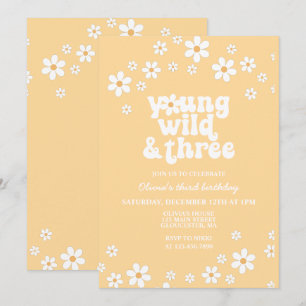 Invitation Retro Daisy Young Wild Three jaune 3e anniversaire