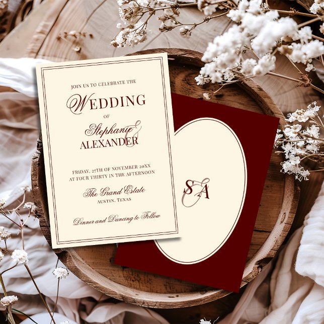 Invitation Retro Deep Burgundy Ivory Oval Old Money Wedding  (Créateur téléchargé)