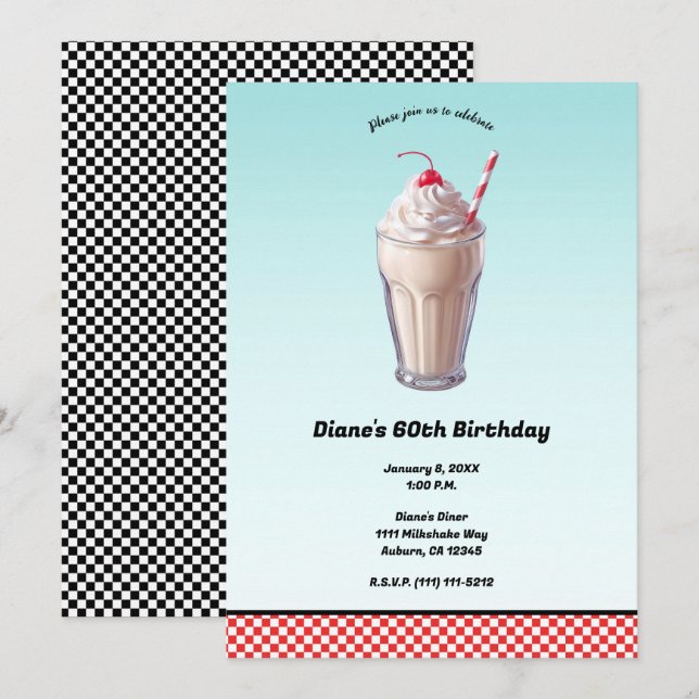 Invitation Retro Diner Milkshake Ice Cream fête d'anniversair (Devant / Derrière)