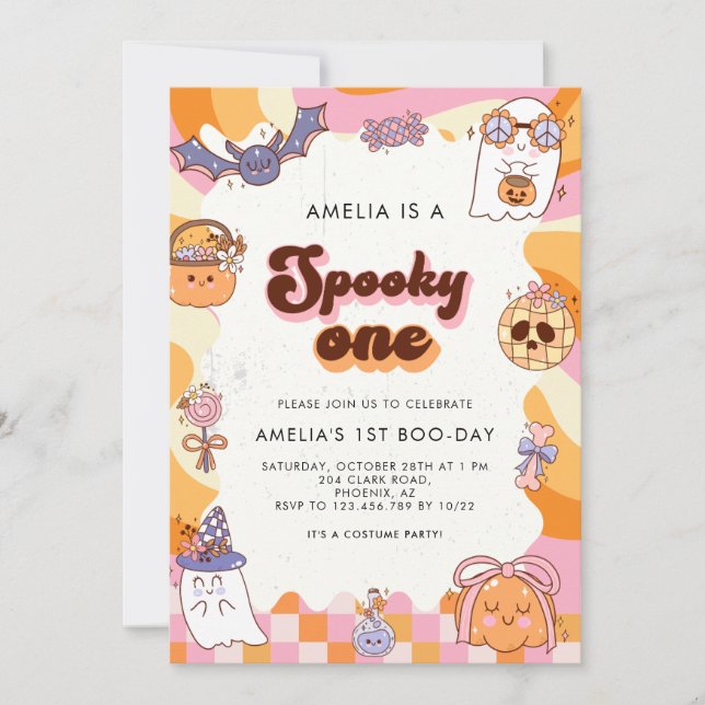 Invitation Retro Éffrayant un rose Halloween 1er anniversaire (Devant)
