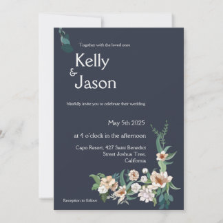 Invitation Retro Elegant blanc Flower Frame Marine Arrière - 