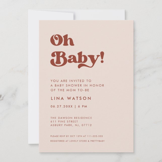 Invitation Retro élégant Peach Pink Oh Baby (Devant)