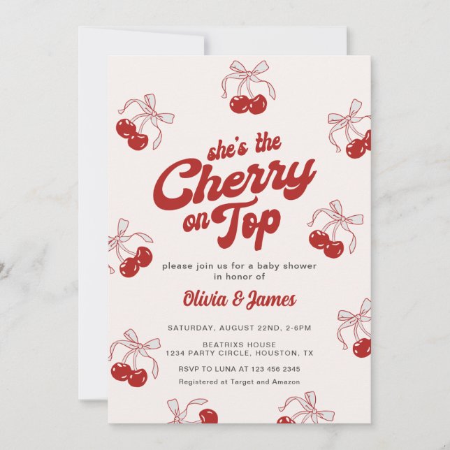Invitation Retro Elle est la cerise sur le Baby shower tendan (Devant)