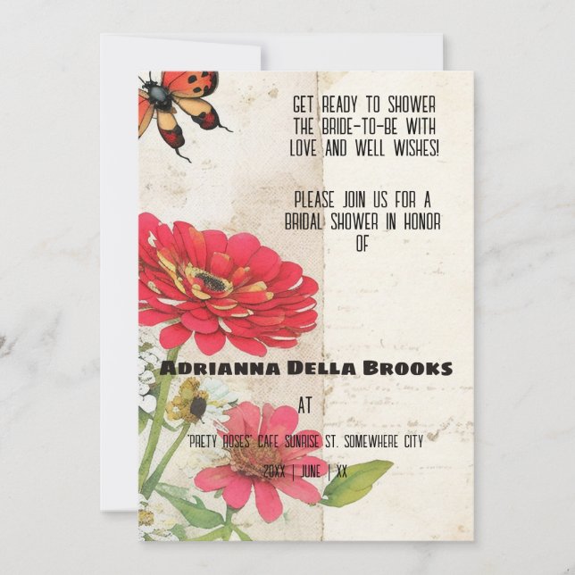 Invitation Retro Ephemera Zinnia et Ladybug Fête des mariées (Devant)