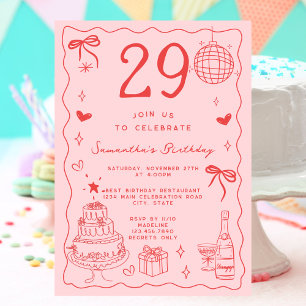Invitation Rétro Fantaisiste Excentrique Rouge Rose 29e Anniv