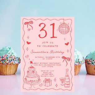 Invitation Rétro Fantaisiste Excentrique Rouge Rose 31e Anniv