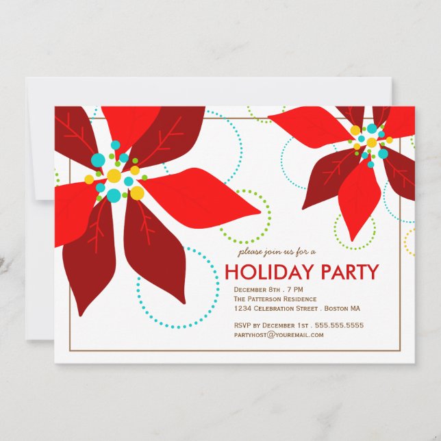 Invitation Rétro fête de vacances rouge de Noël de poinsettia (Devant)
