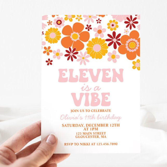 Invitation Retro Flower ELEVEN est un Vibe 11e anniversaire (Créateur téléchargé)