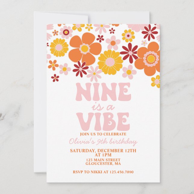 Invitation Retro Flower Nine est une Vibe 9e anniversaire (Devant)