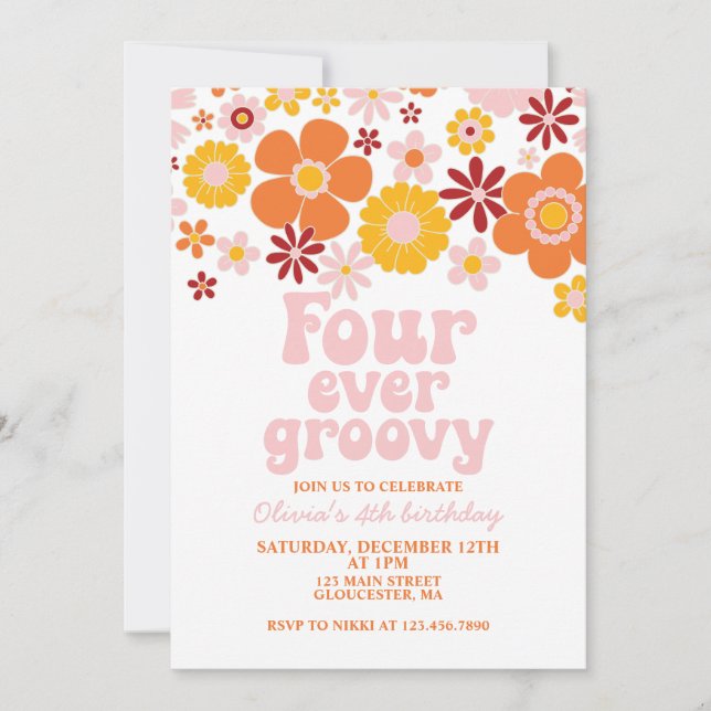 Invitation Retro Four Ever Super Floral 4e anniversaire (Devant)