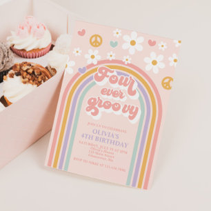 Invitation Retro Four Ever Super Rainbow 4e anniversaire
