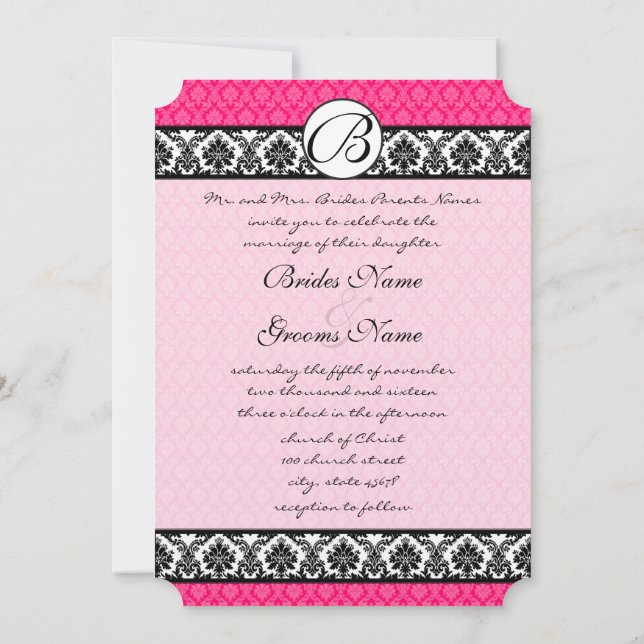 Invitation Retro Fuchsia rose et noir Mariage damassé (Dos)