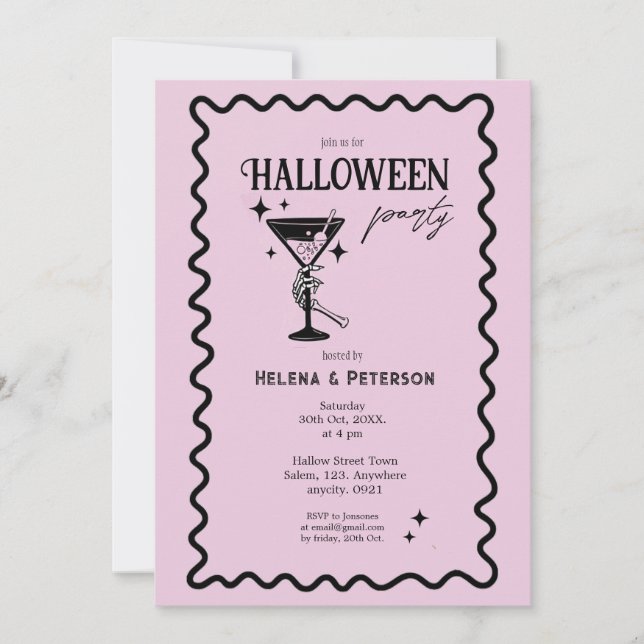 Invitation Retro Fun Rose et Noir fête d'Halloween (Devant)