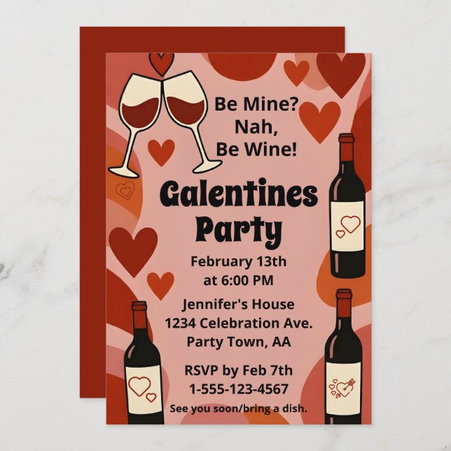 Invitation Retro Galentine Be Wine Fun Party Personalized (Devant / Derrière)