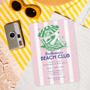 Invitation Retro Girl Pink Stripes Beach Club Anniversaire