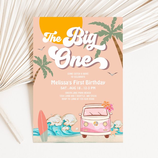 Invitation Retro Girl The Big One Surfing 1er anniversaire (Créateur téléchargé)