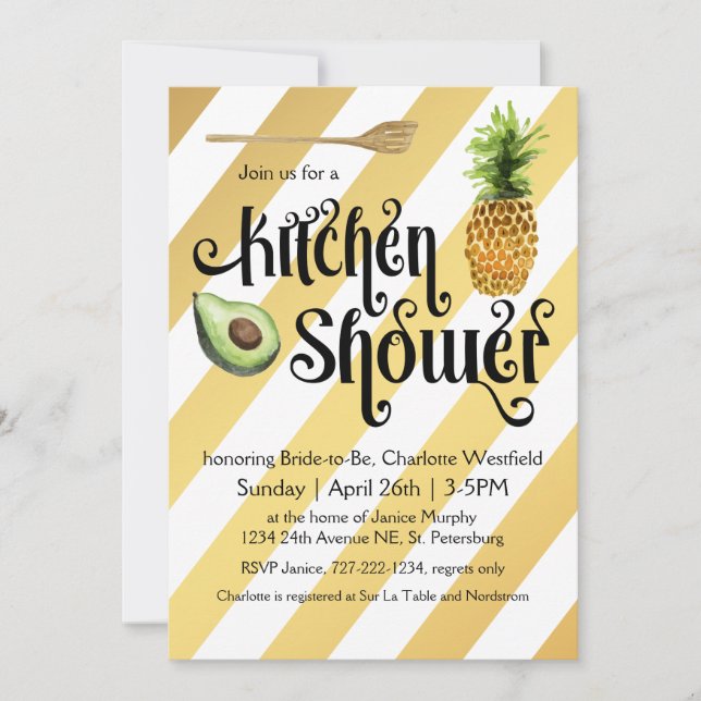 Invitation Retro Glam Gold Stripes Cuisine Douche (Devant)