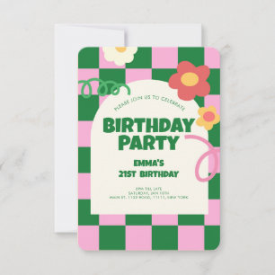 Invitation Retro Green Pink Checker Motif fête d'anniversaire