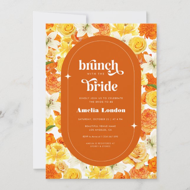 Invitation Retro Groovy Orange Floral Brunch avec la mariée (Devant)