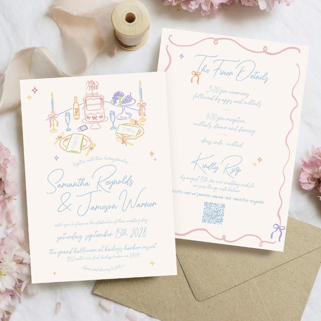 Invitation Retro Hand Drabble Pastel & Mariage Bleu (Retro hand drawn pastel scribble doodle whimsical wedding table bows handwritten qr code invitation)