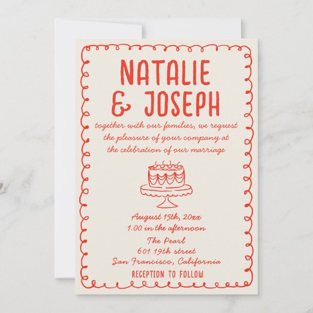 Invitation Retro Hand Drawn Cake Funky Quirky Unique Wedding (Devant)