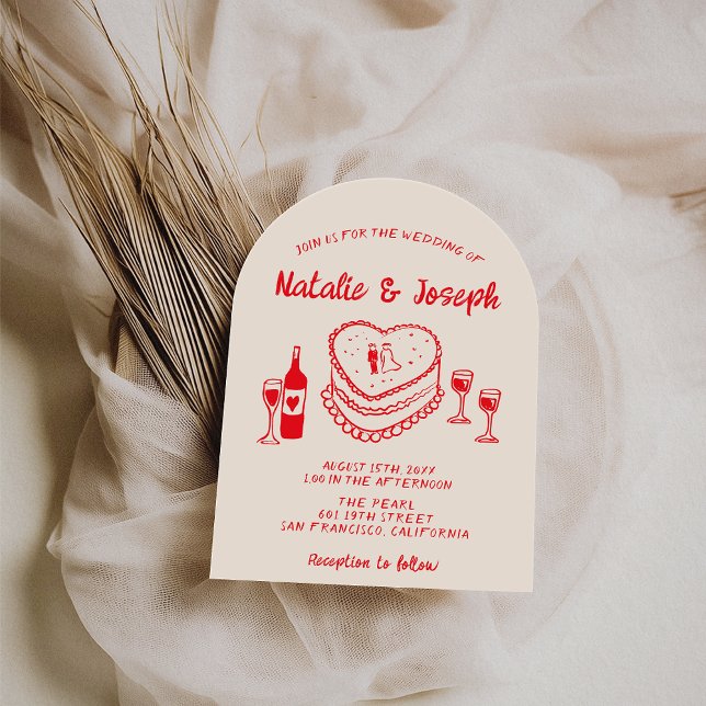 Invitation Retro Hand Drawn Red Cake Modern Arched Wedding (Créateur téléchargé)