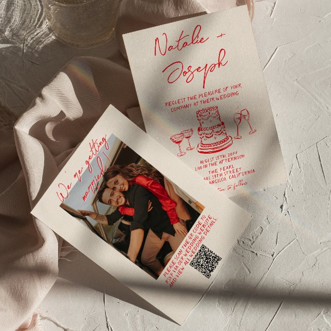 Invitation Retro Hand Drawn Red Unique QR Code Photo  Wedding (Créateur téléchargé)