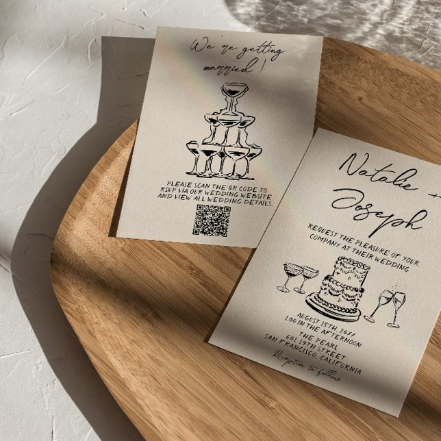 Invitation Retro Hand Drawn Written Cake QR Code Wedding (Créateur téléchargé)