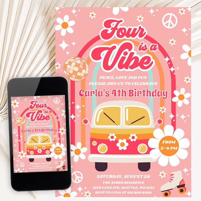 Invitation Retro Hippie Rainbow Four Is A Vibe 4th Birthday (Créateur téléchargé)