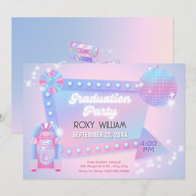 Invitation Retro Holo disco fête de graduation (Devant / Derrière)