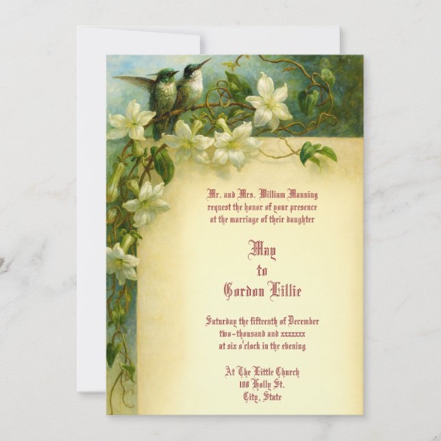 Invitation Retro Hummingbird Pair Floral Wedding (Devant)