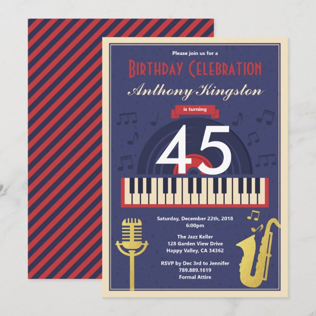 Invitation Retro jazz musique fête d'anniversaire adulte (Devant / Derrière)