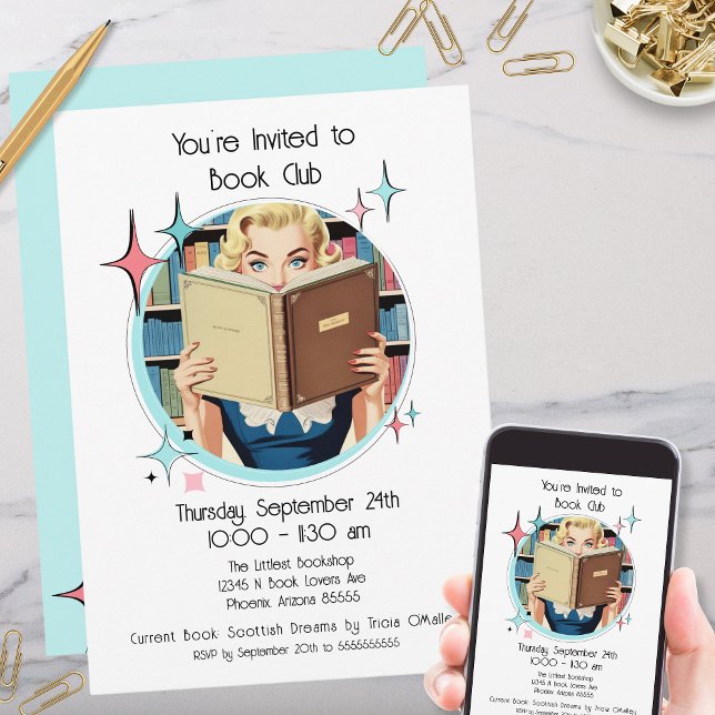 Invitation Retro les années 50 Rose Turquoise Aqua Book Club  (funny 50s inspired retro vintage womens book club reading group party invitations with pink aqua)