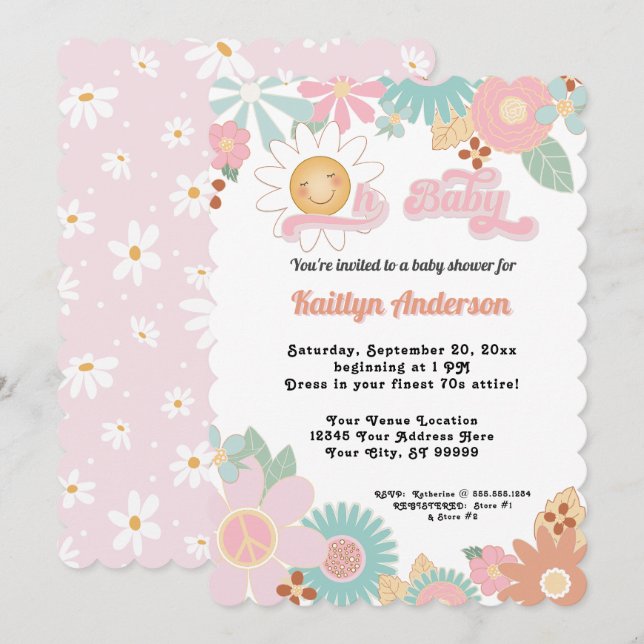Invitation Retro les années 70 Daisy Rose Peach Girl Oh Baby  (Devant / Derrière)