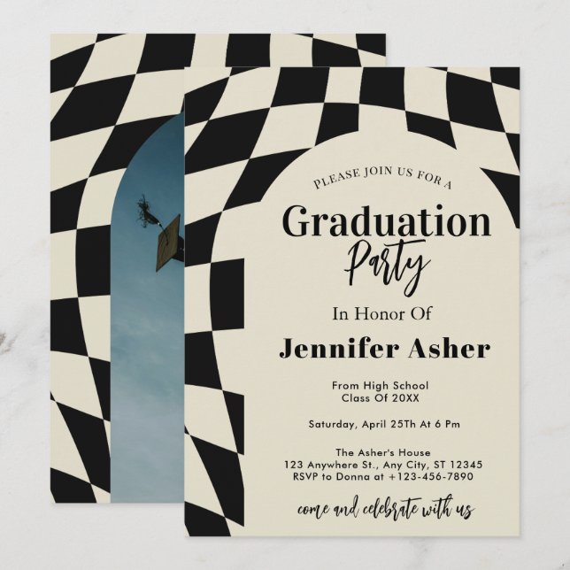 Invitation Retro les années 70 Navy À damiers Arch Photo Grad (Devant / Derrière)