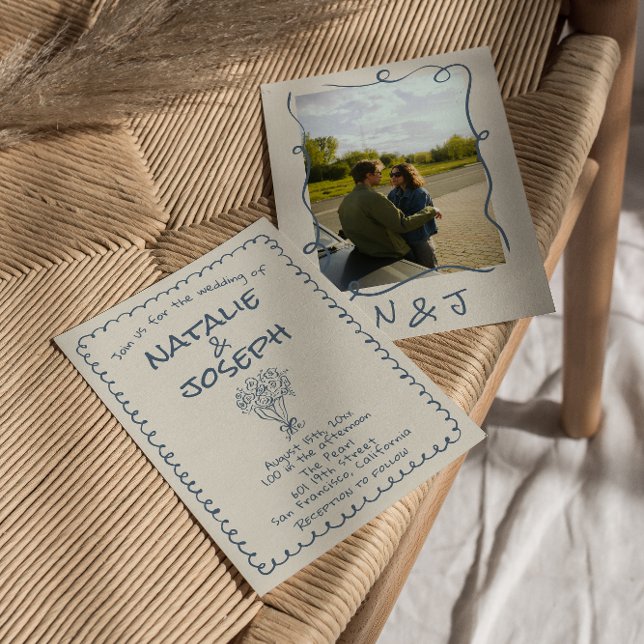 Invitation Retro Main dessinée Marine bleu Funky Photo Mariag (Créateur téléchargé)