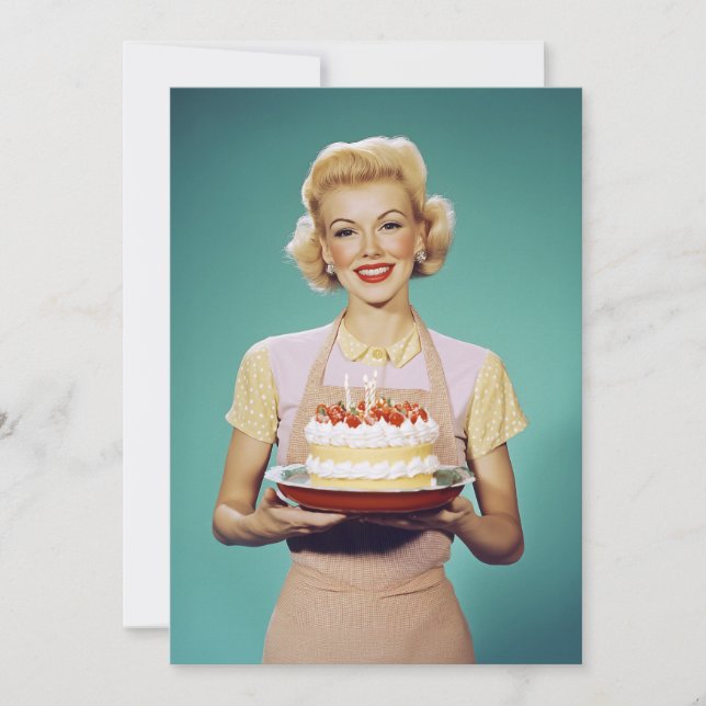 Invitation Retro Maman tient un gâteau de fête (Devant)