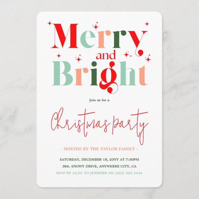 Invitation Retro Merry and Bright Christmas Party (Devant)