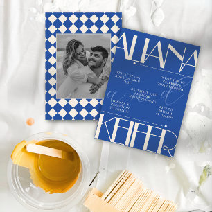 Invitation Rétro minimaliste À damiers Motif bleu Mariage