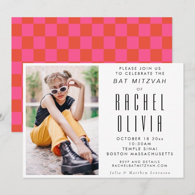 Invitation Retro Modern Chic Photo rose et rouge Bat mitzvah  (Devant / Derrière)