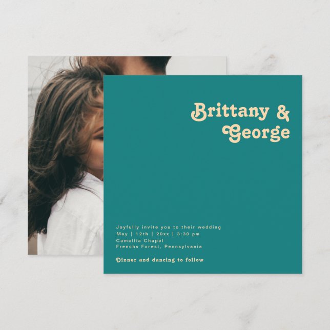 Invitation Rétro moderne | Mariage photo Carré Turquoise (Devant / Derrière)