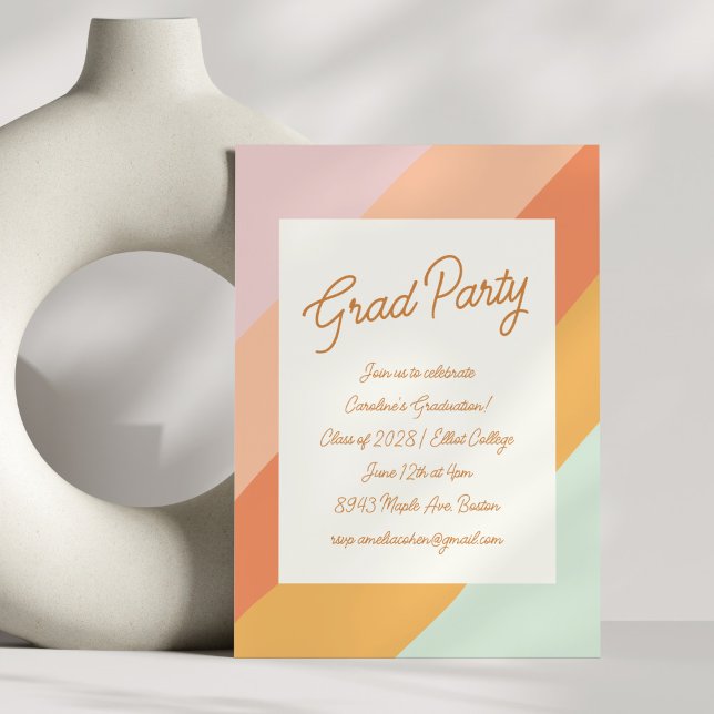 Invitation Retro Moderne Script Pastel Stripe Gradupe Party (Créateur téléchargé)