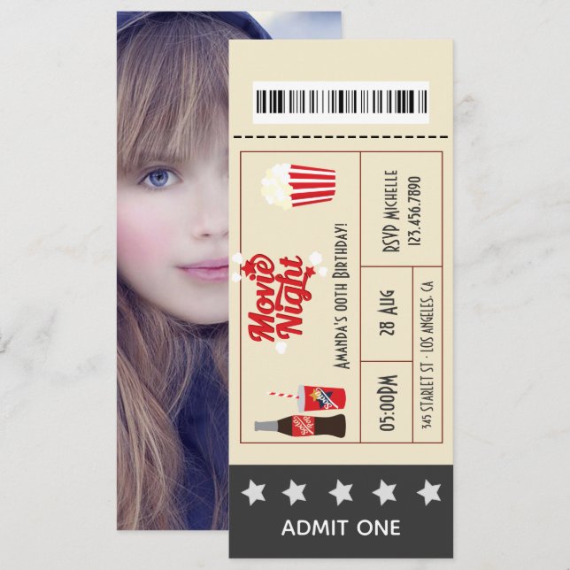 Invitation Retro Movie Nuit Anniversaire Billet ajouter la ph (Devant / Derrière)