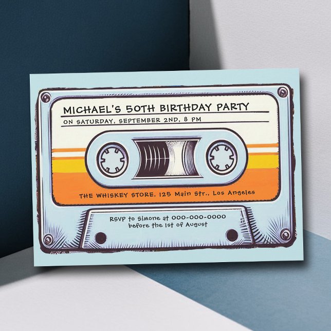 Invitation Retro Music 80s Audio Cassette Hommes 50e annivers (cassette mixtape 80s nostalgia 50th birthday party men vintage retro 70s 60s fun music blue orange)
