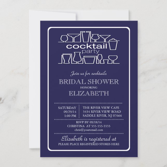 Invitation Retro Navy Blue Cocktail Party Bridal douche (Devant)