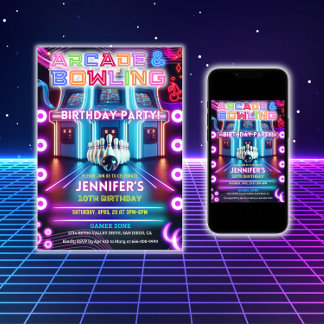 Invitation Retro Neon arcade & jeu de bowling fête d'annivers