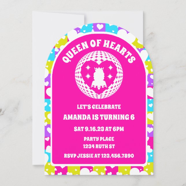 Invitation Retro Neon Reine des Coeurs Anniversaire Photo Arc (Devant)