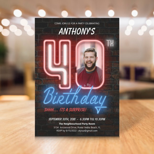 Invitation Retro Neon Surprise 40e anniversaire (Retro Neon Surprise 40th Birthday Party Invitation)